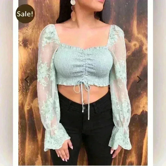 O Vianca mint sheer crop top puff sleeve size small S - Picture 2 of 8